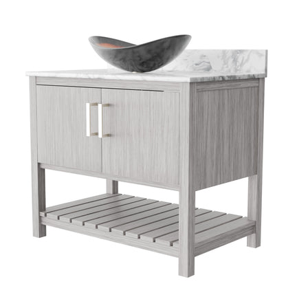 Novatto 36-inch bath vanity with Carrara white marble counter and sink, featuring sleek cabinetry and modern design.
