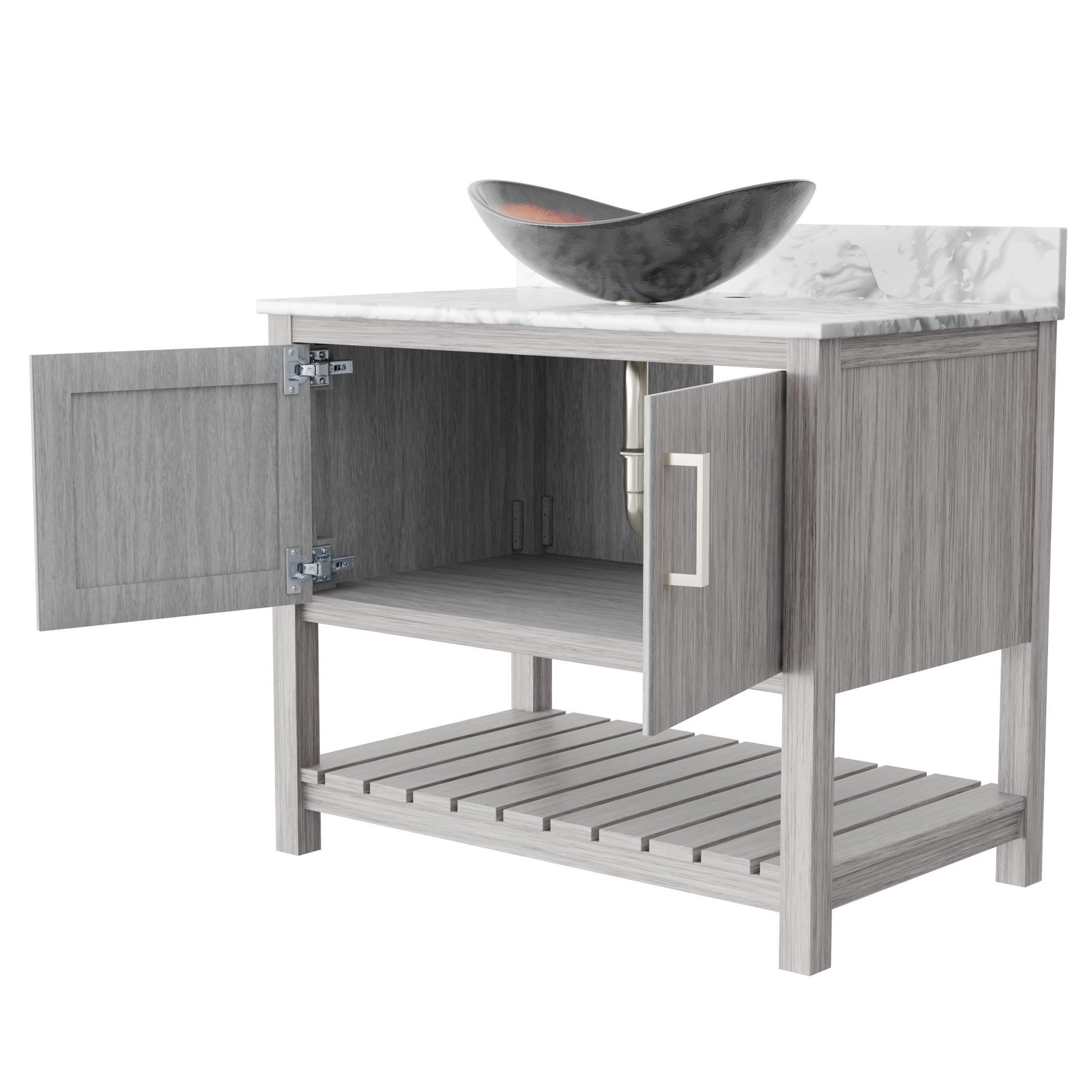 36-inch Novatto bath vanity with Carrara white marble counter and integrated sink, sleek and modern bathroom accessory.