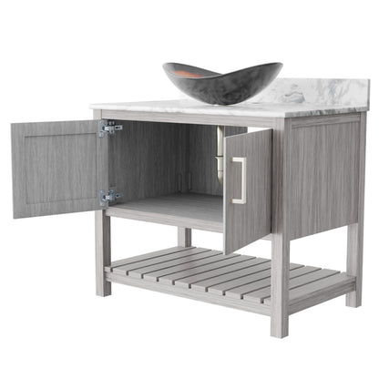 36-inch Novatto bath vanity with Carrara white marble counter and integrated sink, sleek and modern bathroom accessory.