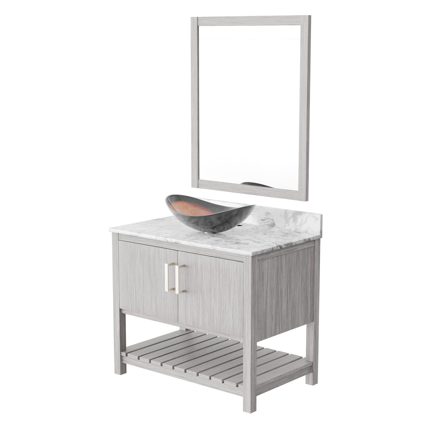 36-inch bath vanity with Carrara white marble countertop and sink by Novatto, showcasing elegant bathroom accessory design.