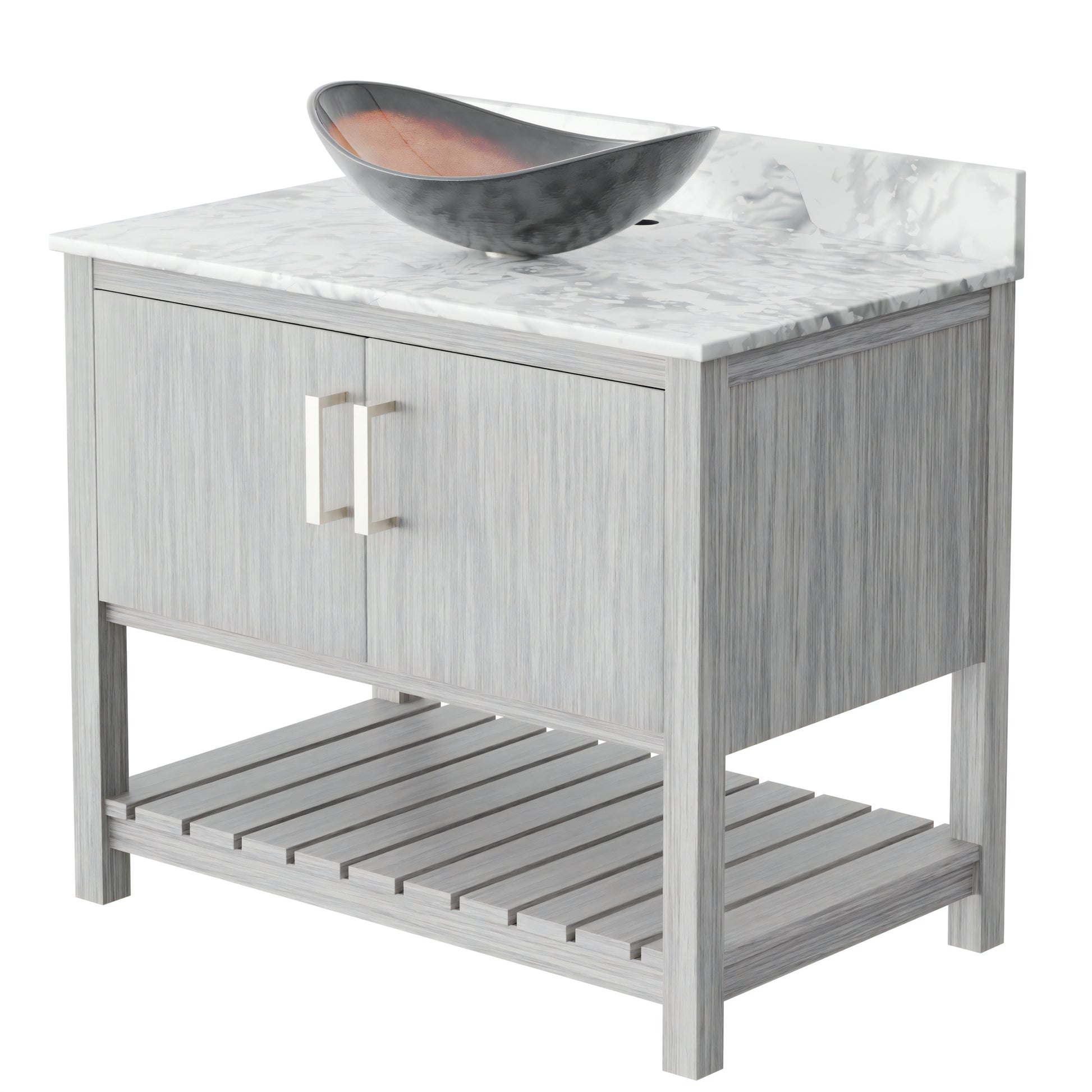 36-inch Novatto bath vanity with Carrara white marble countertop and sink, showcasing sleek bathroom accessory design.