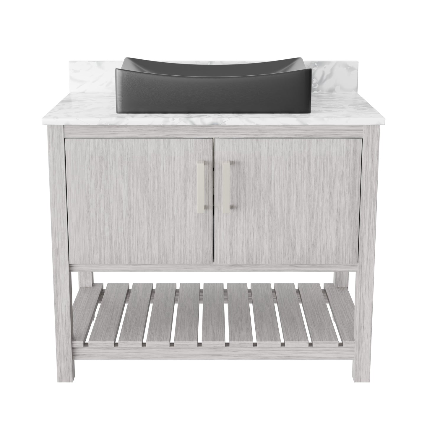 36-inch Novatto bath vanity with Carrara white marble counter and sink, showcasing elegant bathroom accessory design.