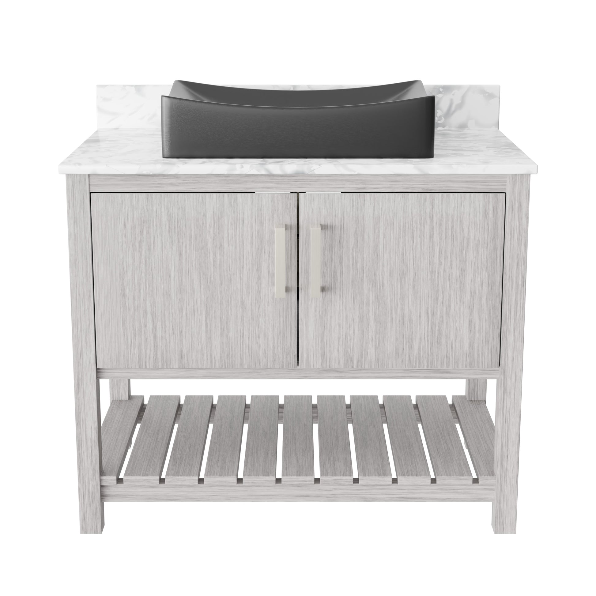 36-inch Novatto bath vanity with Carrara white marble counter and sink, showcasing elegant bathroom accessory design.