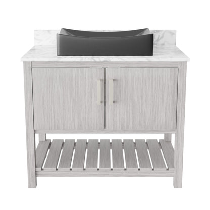 36-inch Novatto bath vanity with Carrara white marble counter and sink, showcasing elegant bathroom accessory design.