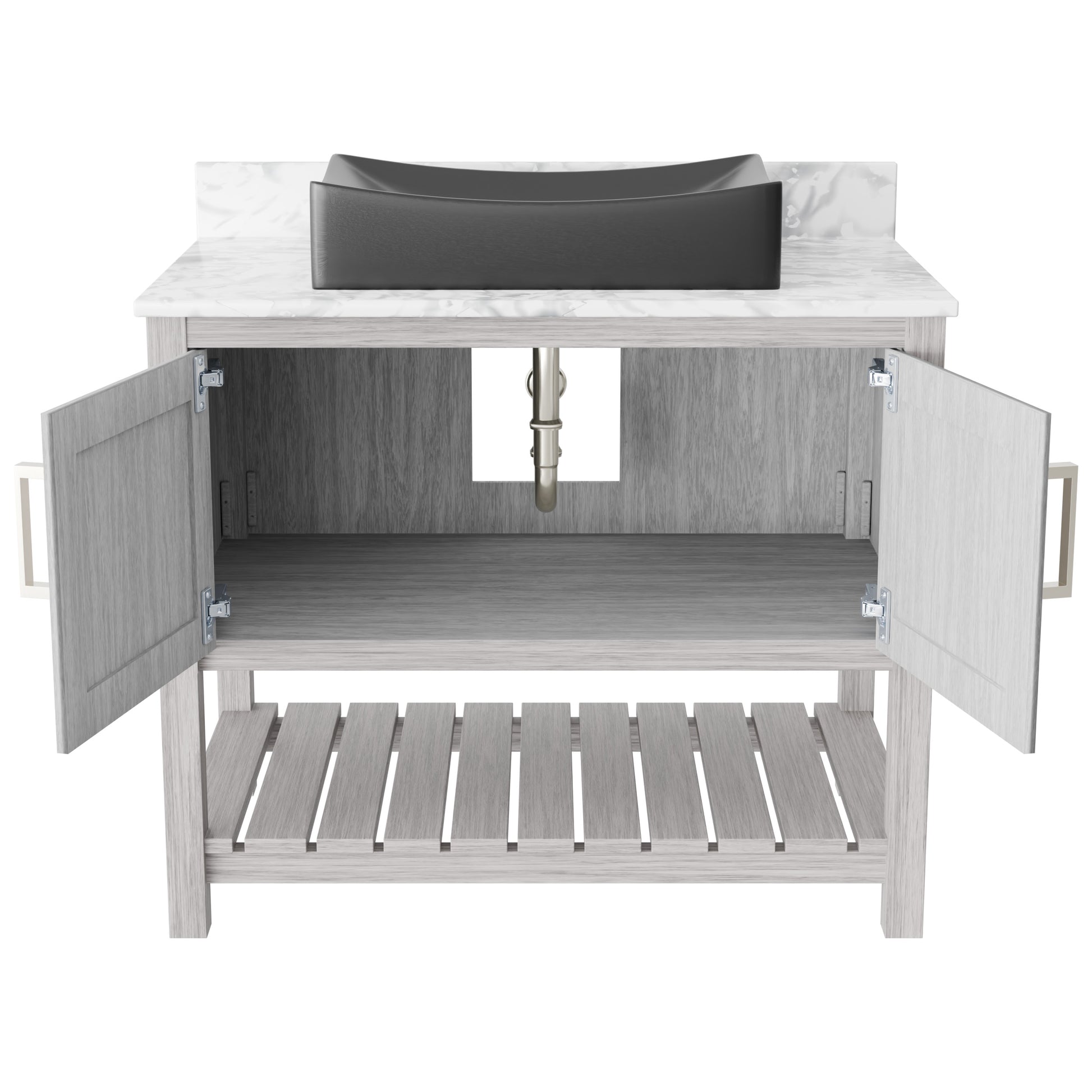Novatto 36-inch bath vanity with Carrara white marble countertop and sink, showcasing elegant bathroom accessory design.