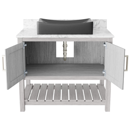 Novatto 36-inch bath vanity with Carrara white marble countertop and sink, showcasing elegant bathroom accessory design.