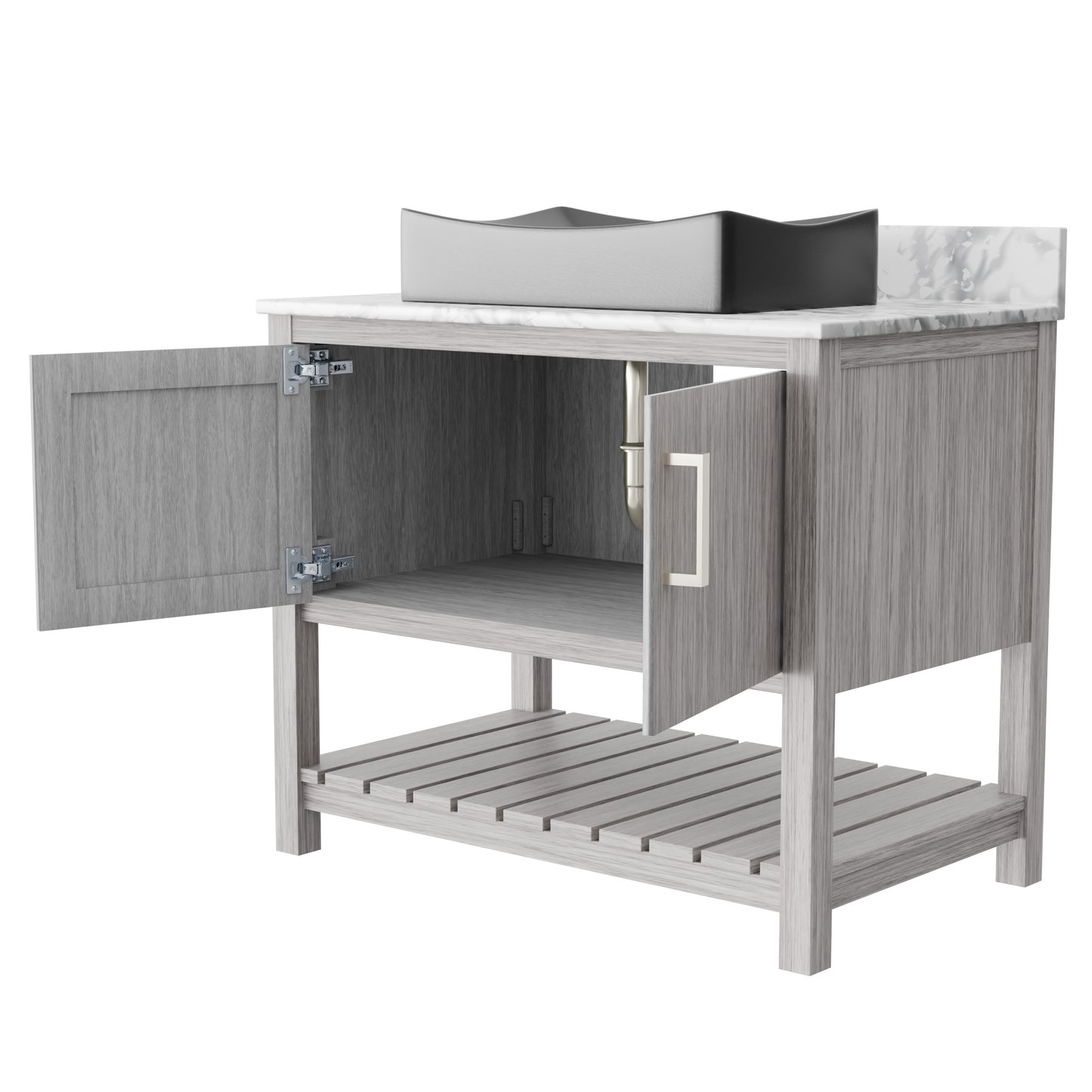 36-inch Novatto bath vanity with Carrara white marble counter and sink, featuring sleek accessory design and modern finish.