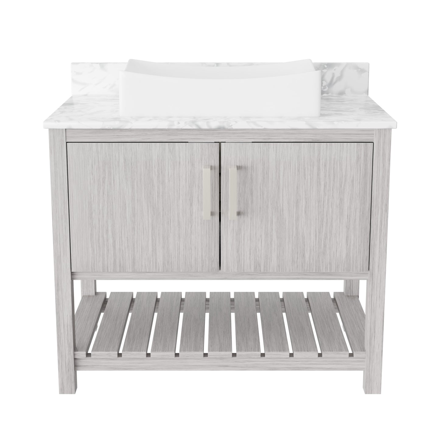 36-inch Novatto bath vanity with Carrara white marble counter and sink, showcasing elegant bathroom accessory design.