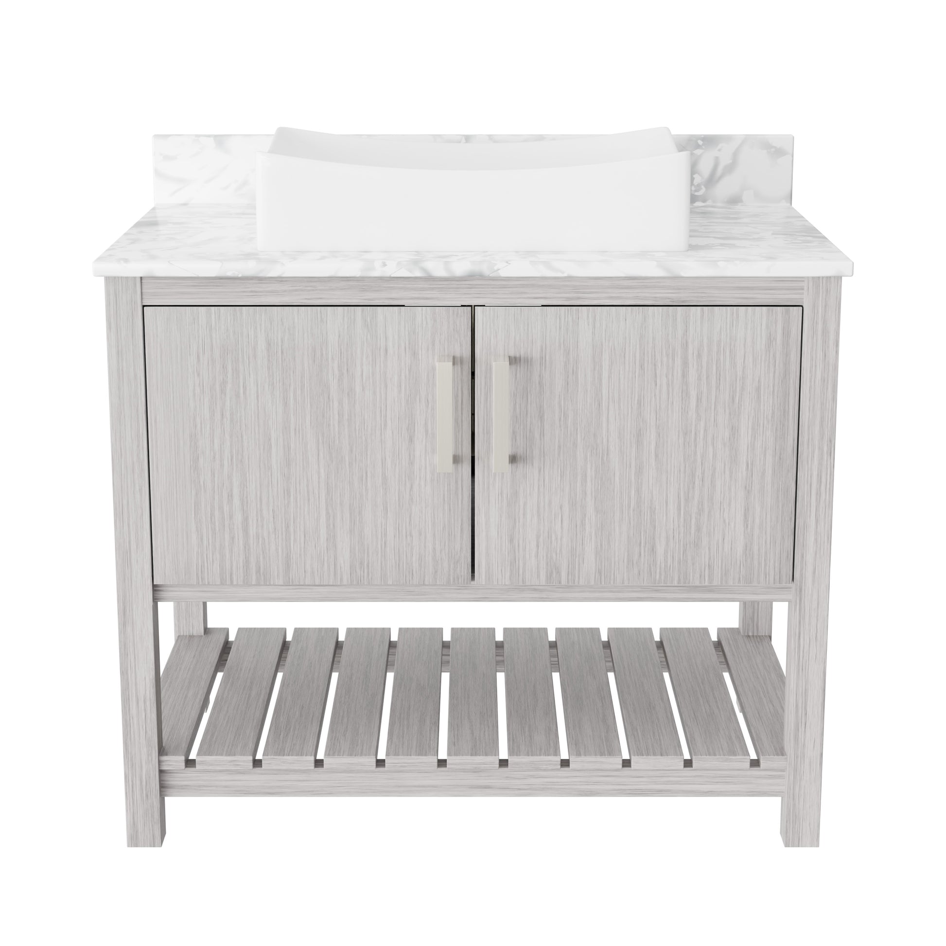 36-inch Novatto bath vanity with Carrara white marble counter and sink, showcasing elegant bathroom accessory design.