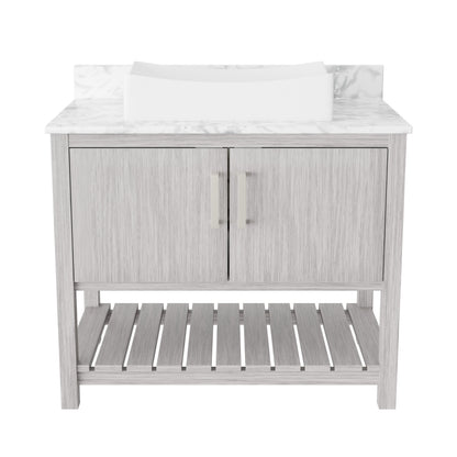 36-inch Novatto bath vanity with Carrara white marble counter and sink, showcasing elegant bathroom accessory design.