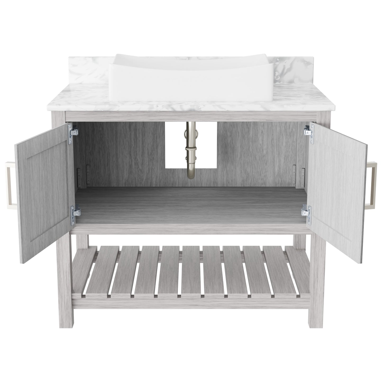 Novatto 36-inch bathroom vanity with Carrara white marble counter and sink, showcasing elegant marble design and modern fixtures.