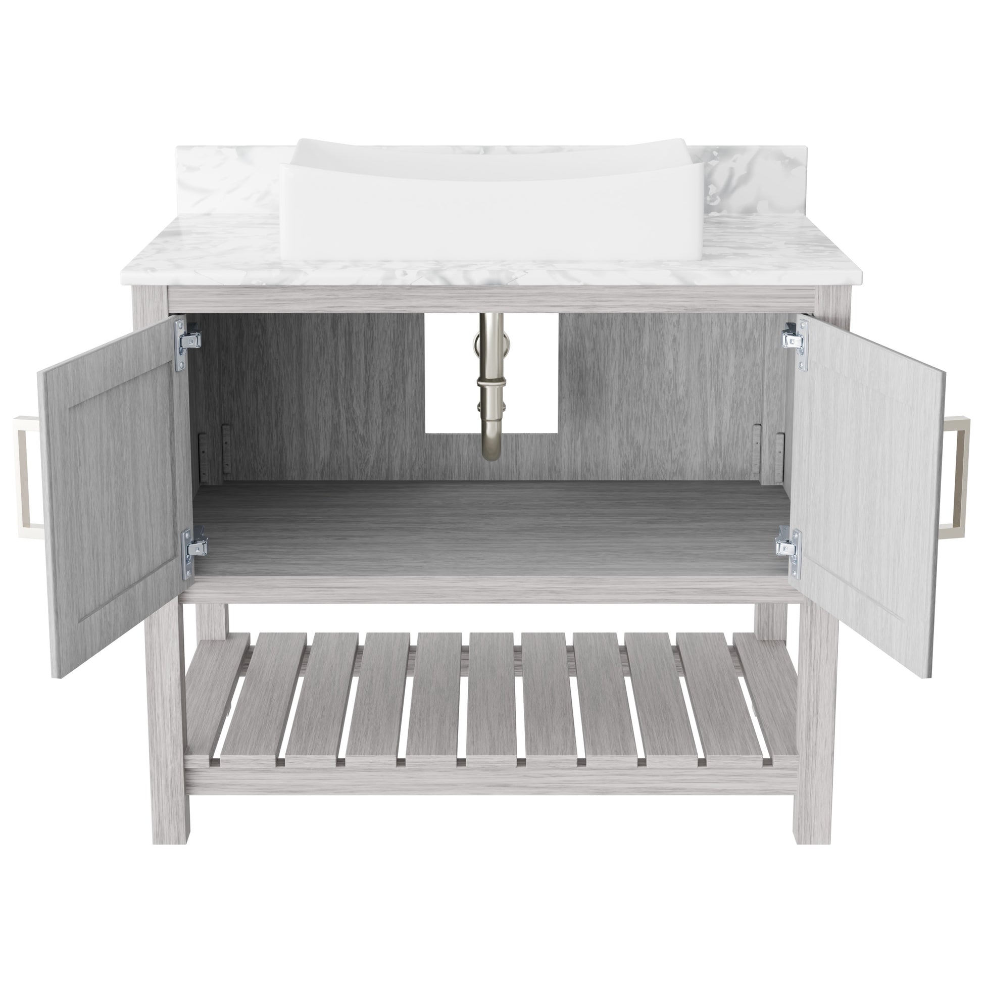 Novatto 36-inch bathroom vanity with Carrara white marble counter and sink, showcasing elegant marble design and modern fixtures.
