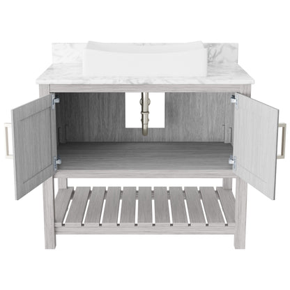 Novatto 36-inch bathroom vanity with Carrara white marble counter and sink, showcasing elegant marble design and modern fixtures.