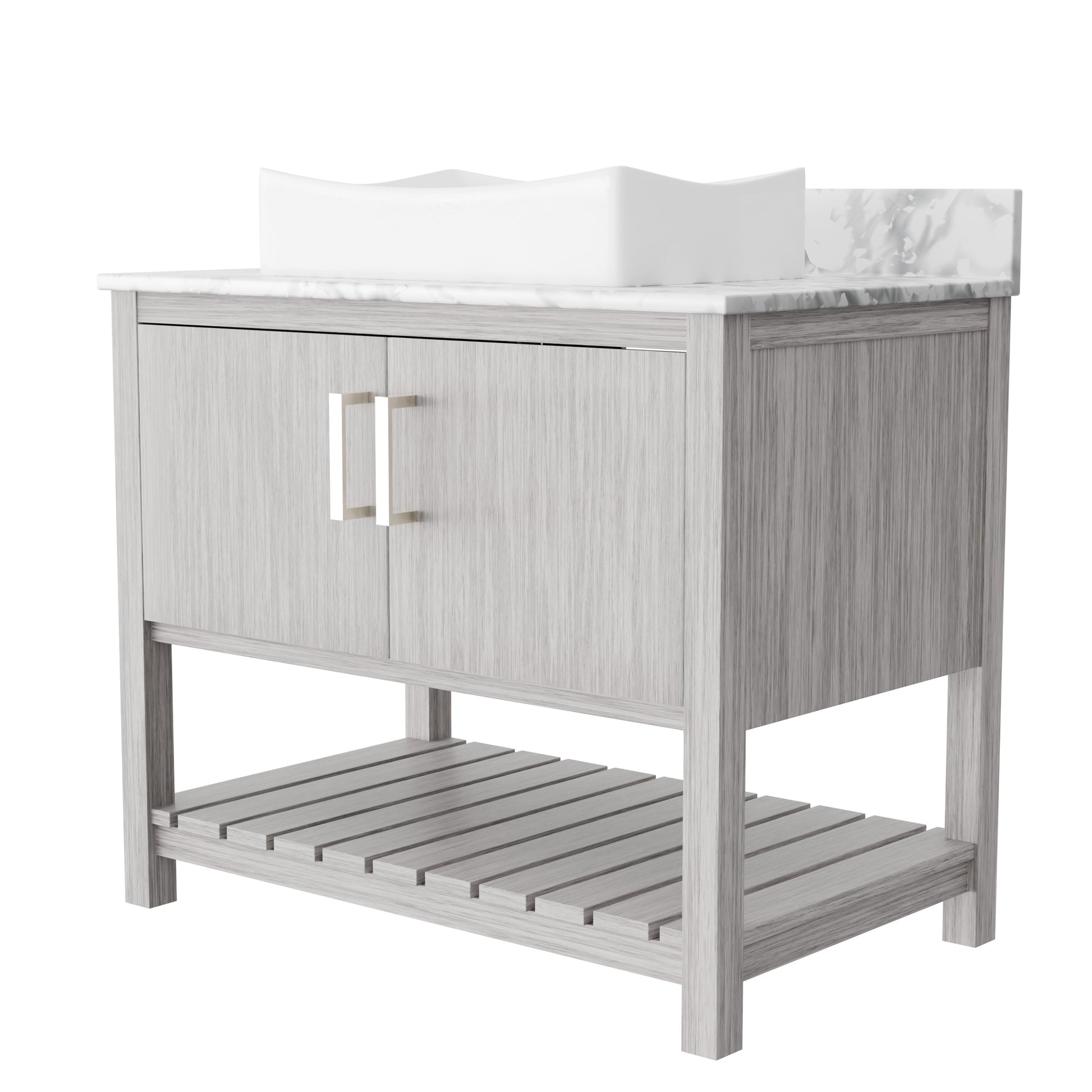 Novatto 36-inch bath vanity with Carrara white marble countertop and sink, showcasing elegant bathroom accessory design.