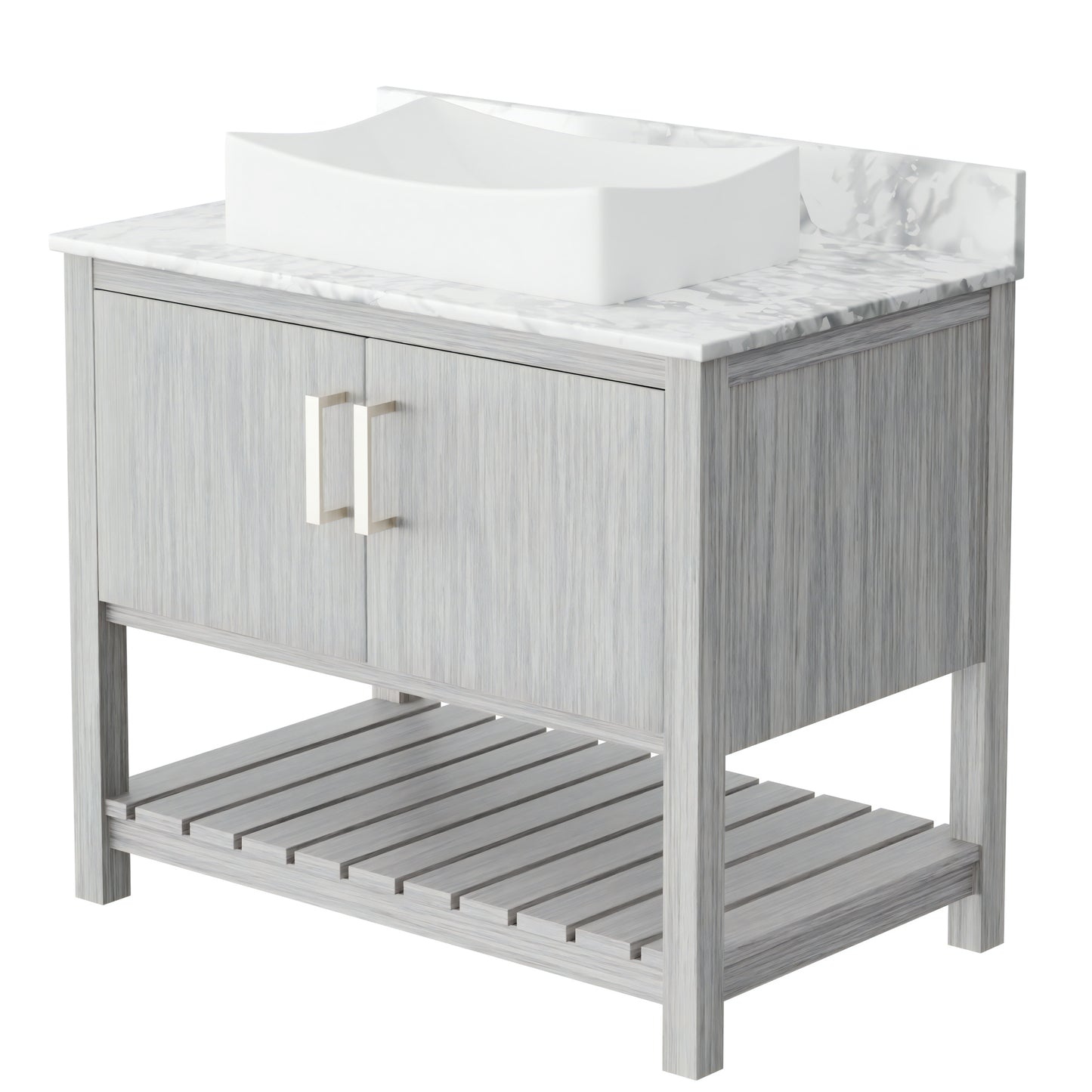 36-inch Novatto bathroom vanity with Carrara white marble countertop and sink, showcasing a modern, sleek design.
