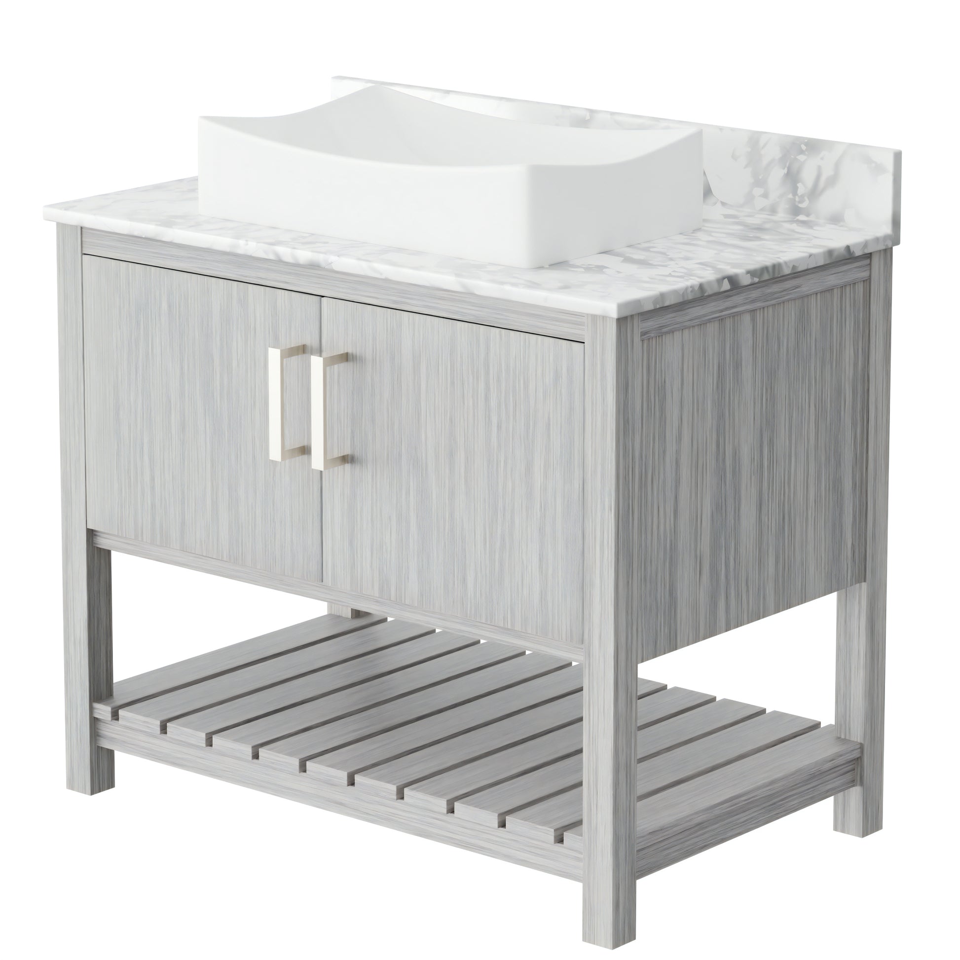 36-inch Novatto bathroom vanity with Carrara white marble countertop and sink, showcasing a modern, sleek design.