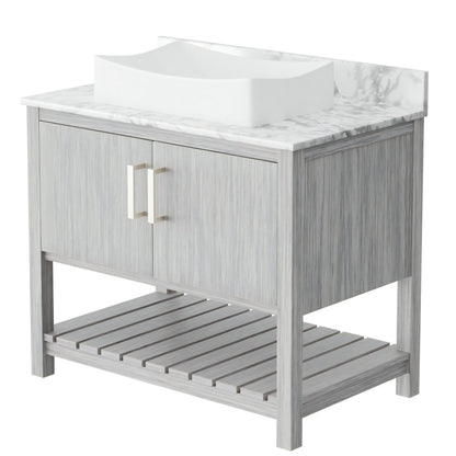 36-inch Novatto bathroom vanity with Carrara white marble countertop and sink, showcasing a modern, sleek design.