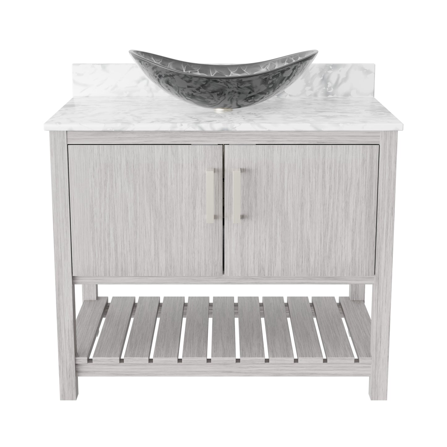 36-inch Novatto bath vanity with Carrara white marble counter and sink, showcasing elegant bathroom accessory design.