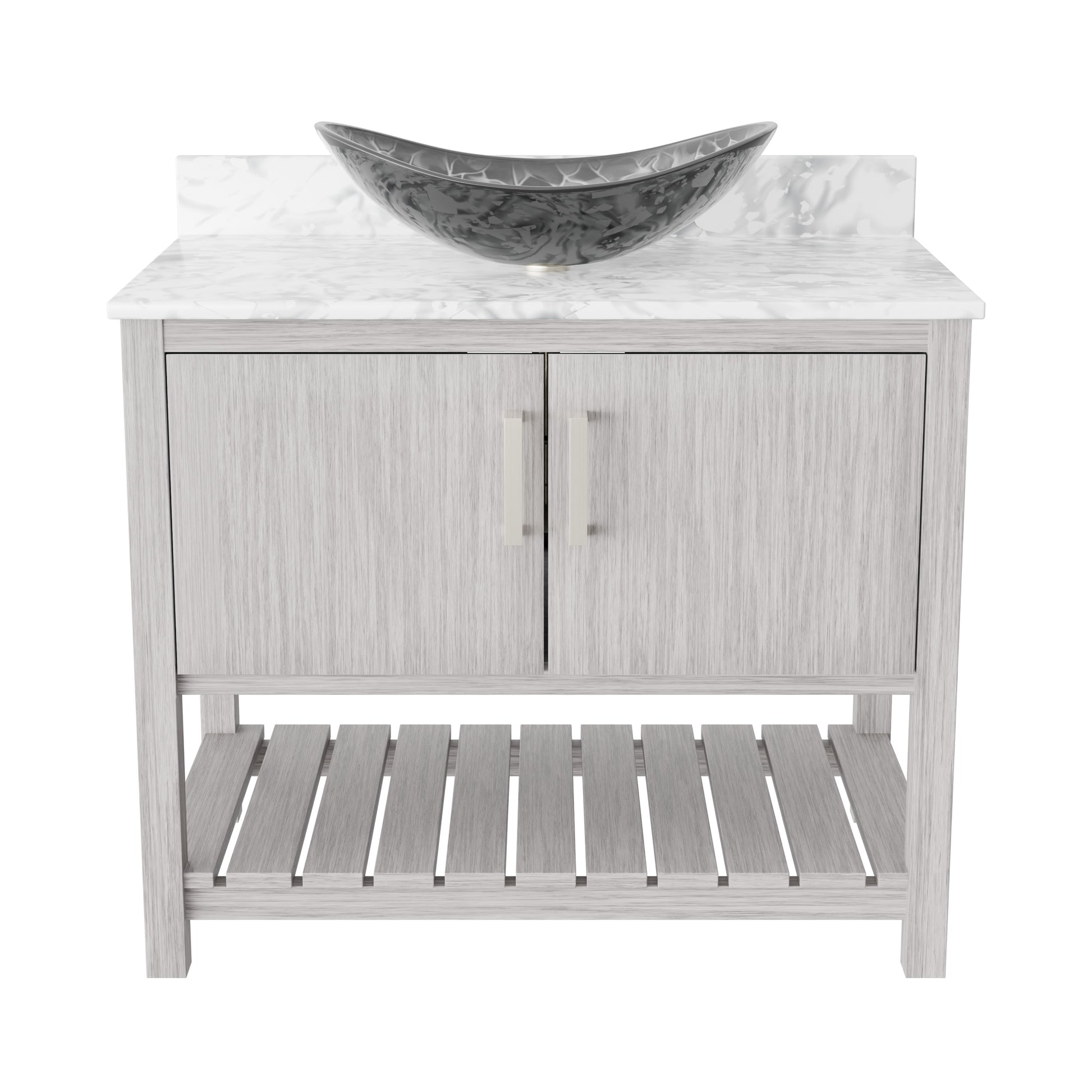 36-inch Novatto bath vanity with Carrara white marble counter and sink, showcasing elegant bathroom accessory design.