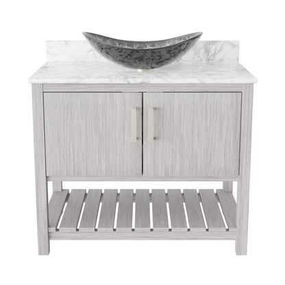 36-inch Novatto bath vanity with Carrara white marble counter and sink, showcasing elegant bathroom accessory design.