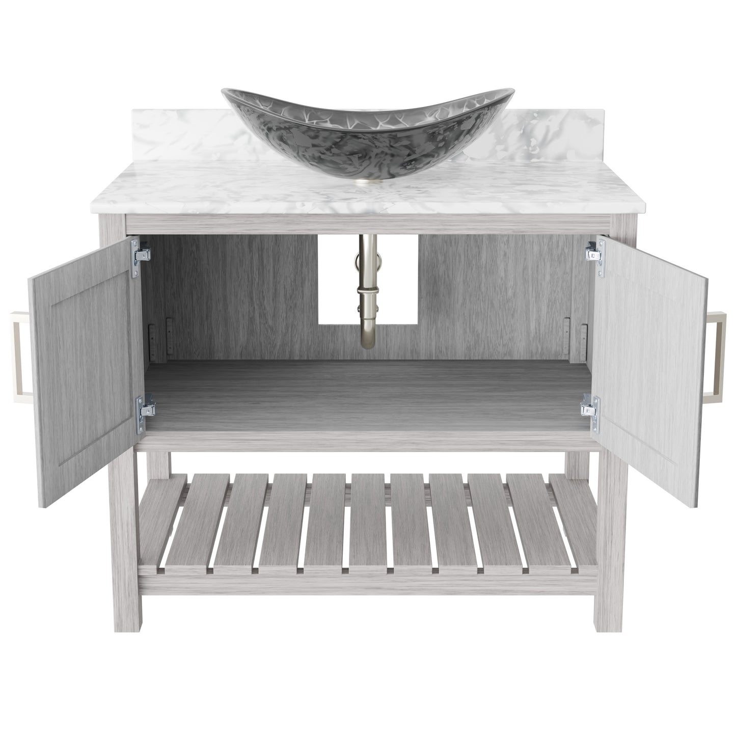 36-inch Novatto bath vanity with Carrara white marble countertop and integrated sink, showcasing elegant bathroom accessory design.