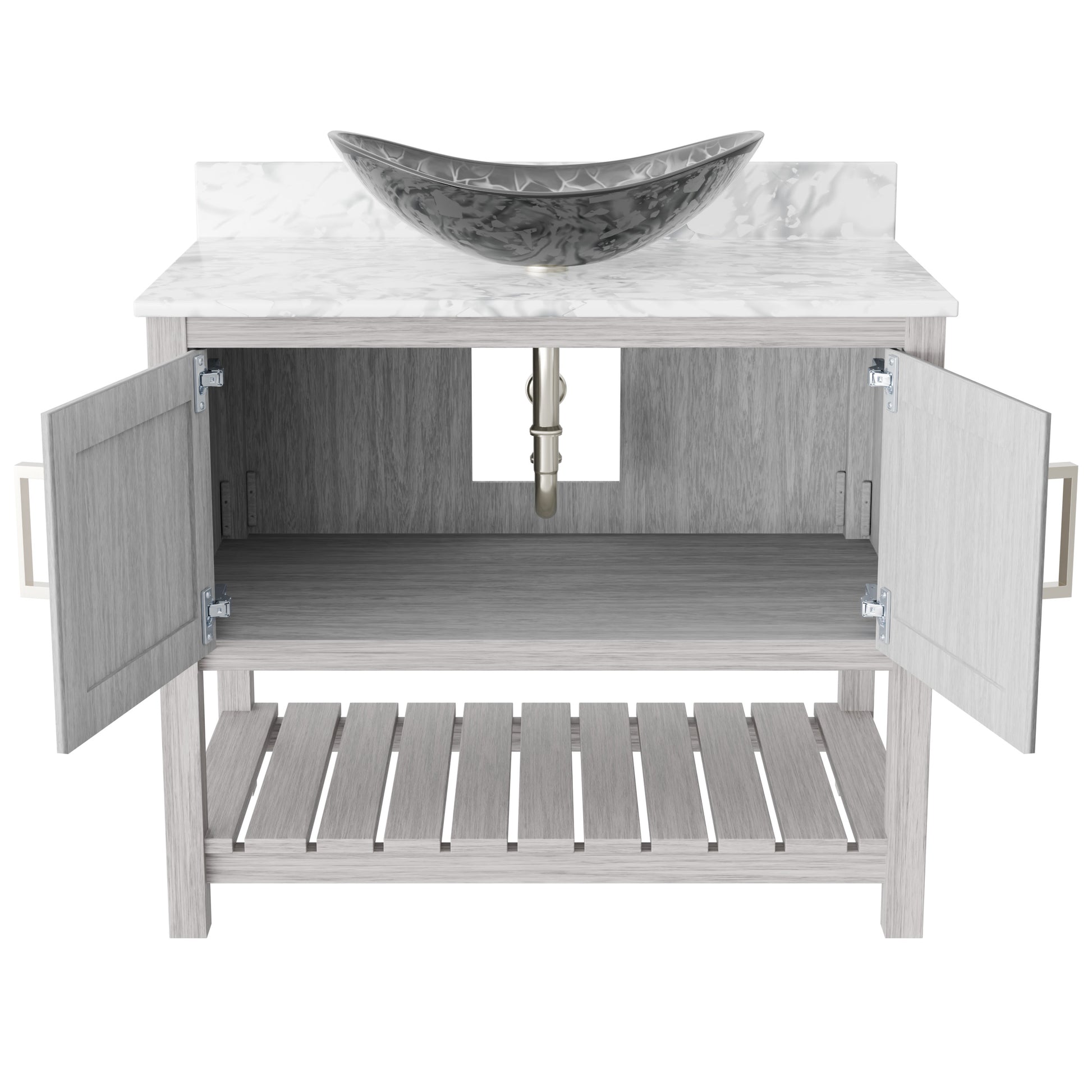 36-inch Novatto bath vanity with Carrara white marble countertop and integrated sink, showcasing elegant bathroom accessory design.