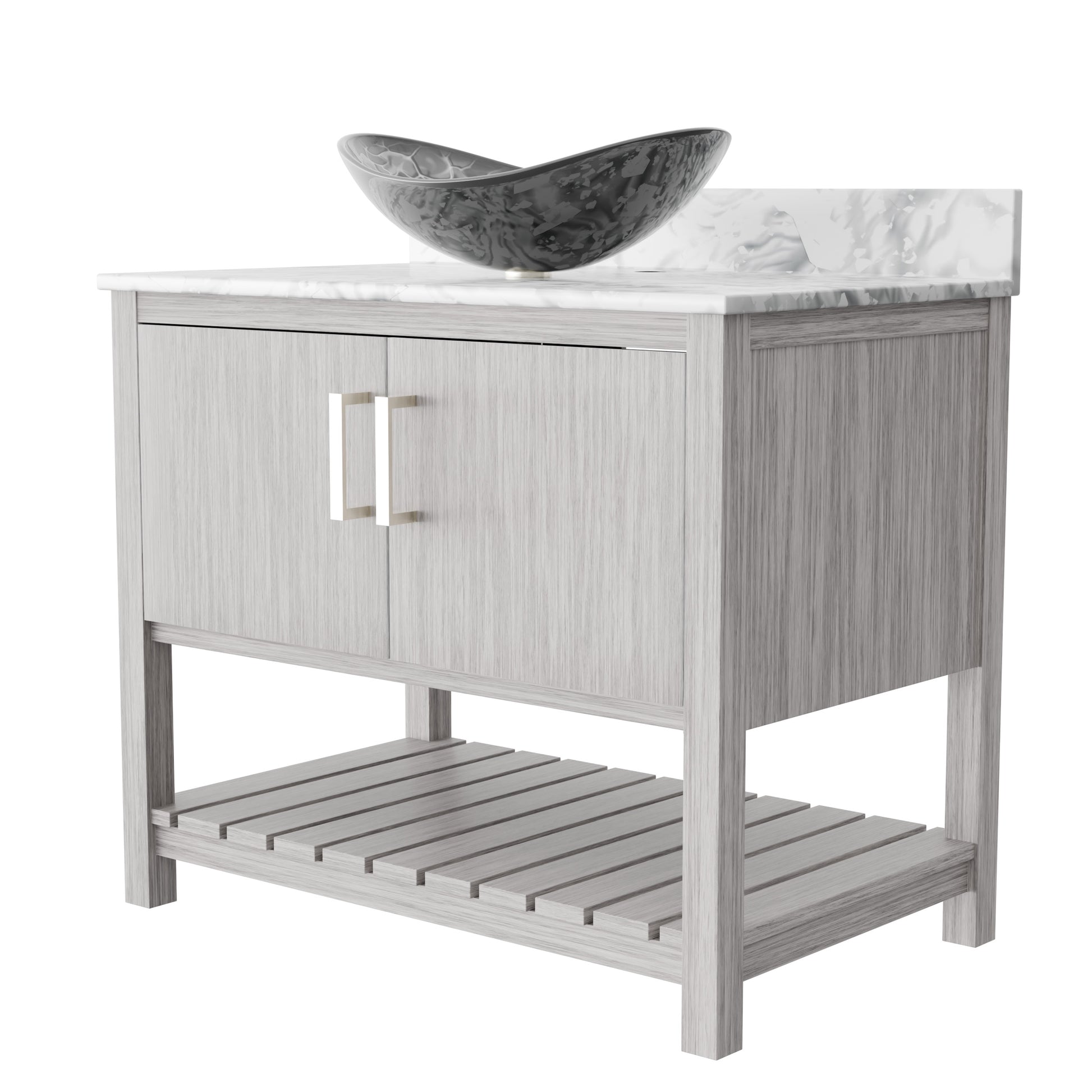 36-inch Novatto bath vanity with Carrara white marble counter and sink, showcasing elegant bathroom accessory design.
