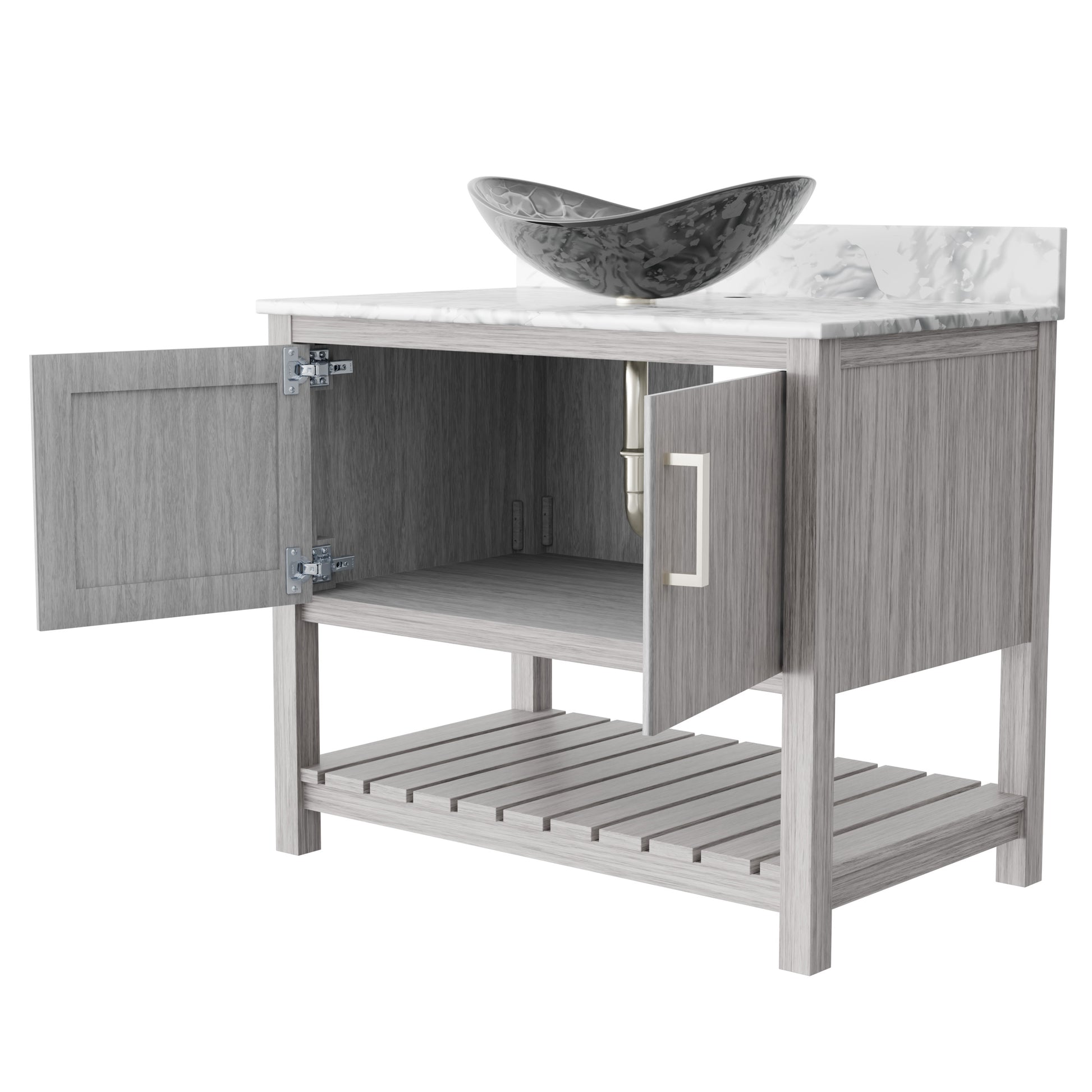 36-inch Novatto bath vanity with Carrara white marble countertop and sink, showcasing elegant modern bathroom accessory.