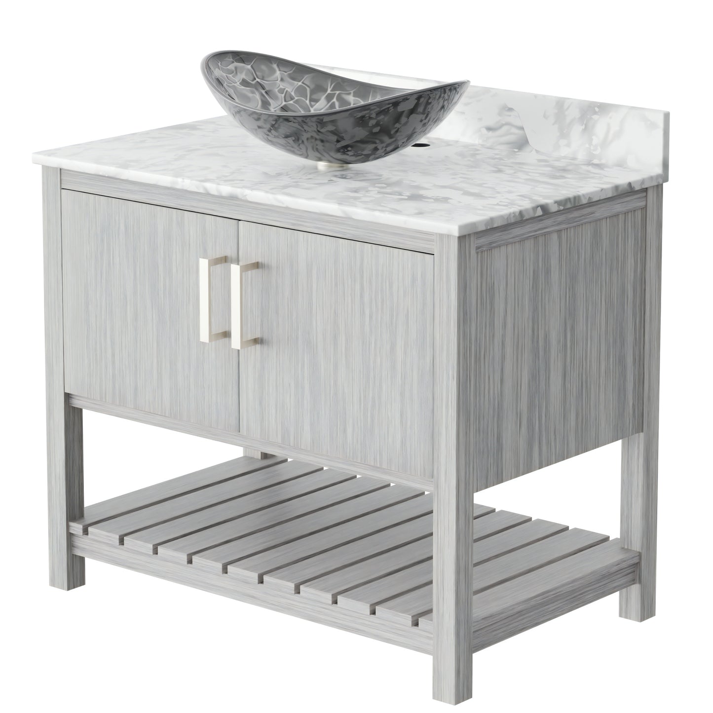 36-inch Novatto bath vanity with Carrara white marble counter and sink, featuring a sleek, modern bathroom accessory design.