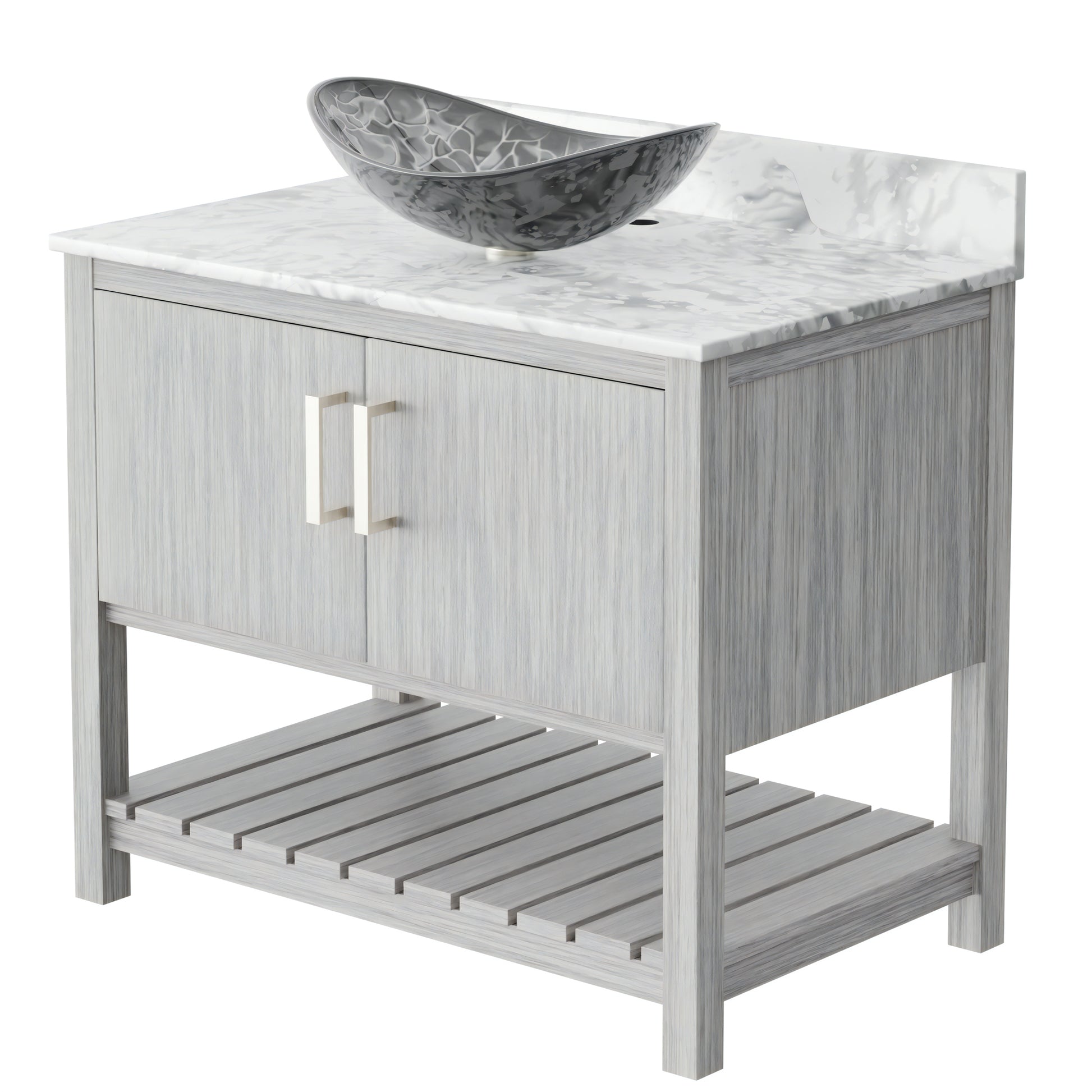 36-inch Novatto bath vanity with Carrara white marble counter and sink, featuring a sleek, modern bathroom accessory design.