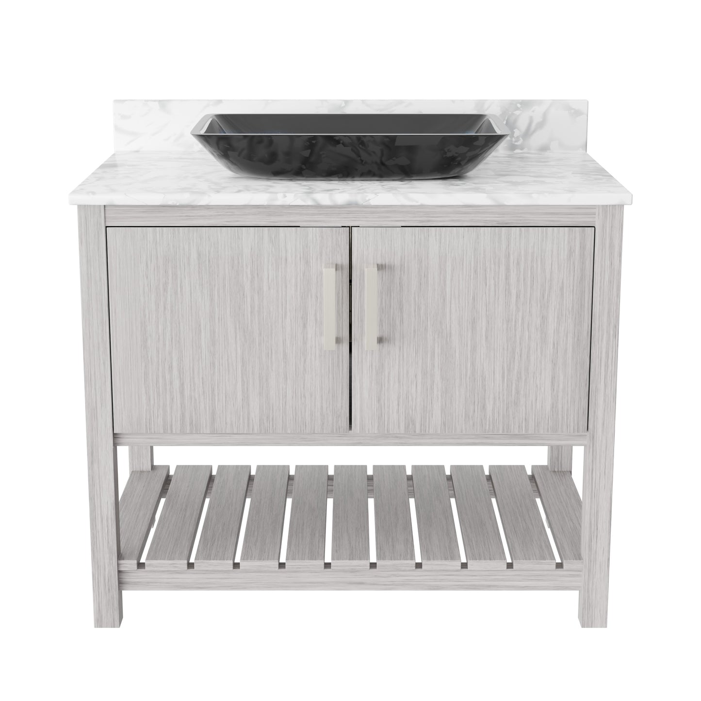 36-inch Novatto bath vanity with Carrara white marble counter and sink, showcasing the elegant natural stone surface and modern design.