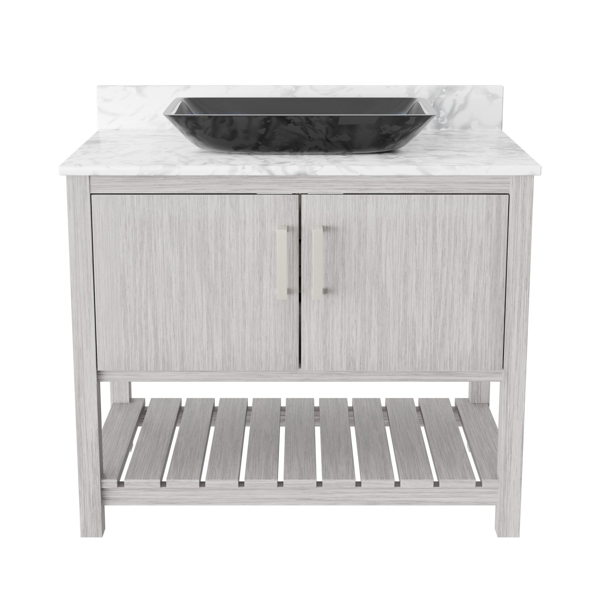 36-inch Novatto bath vanity with Carrara white marble counter and sink, showcasing the elegant natural stone surface and modern design.