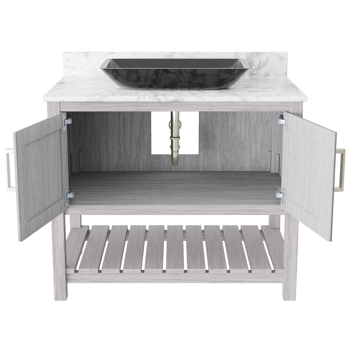 Novatto 36-inch bath vanity with Carrara white marble countertop and sink, modern bathroom accessory design