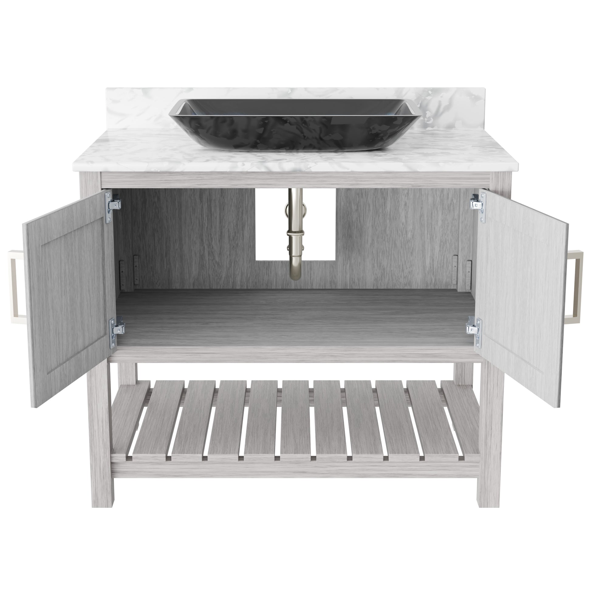 Novatto 36-inch bath vanity with Carrara white marble countertop and sink, modern bathroom accessory design