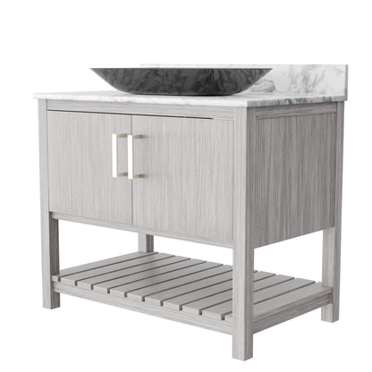 36-inch Novatto bath vanity with Carrara white marble countertop and integrated sink, showcasing sleek bathroom accessory design.