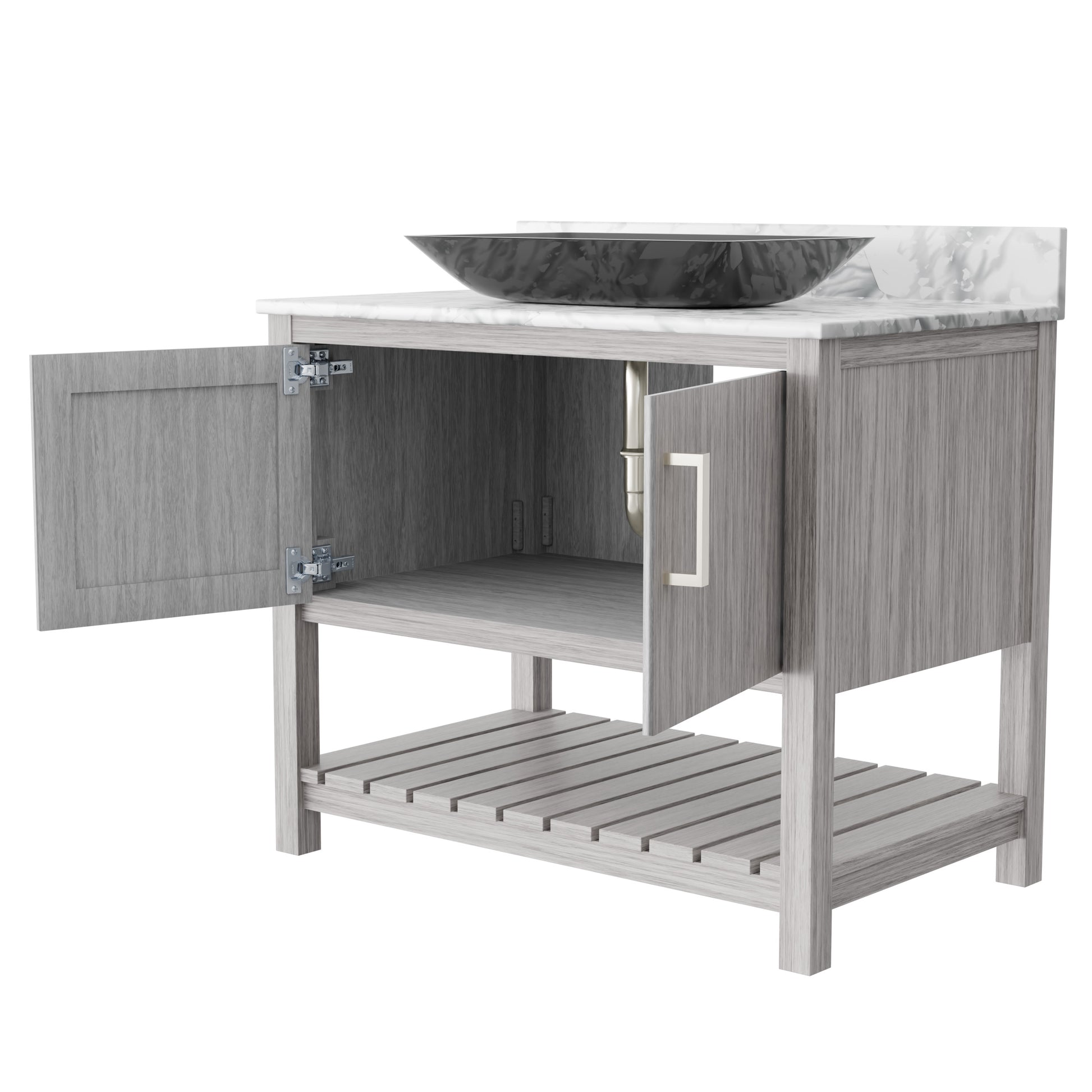 36-inch Novatto bath vanity with Carrara white marble countertop and integrated sink, showcasing elegant bathroom accessory design.