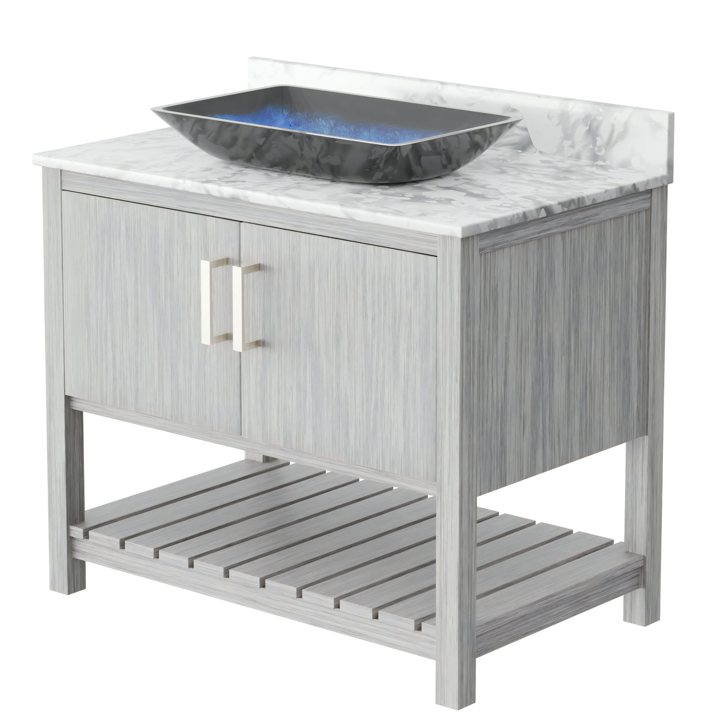 36-inch Novatto bath vanity with Carrara white marble counter and sink, showcasing elegant bathroom accessory design.