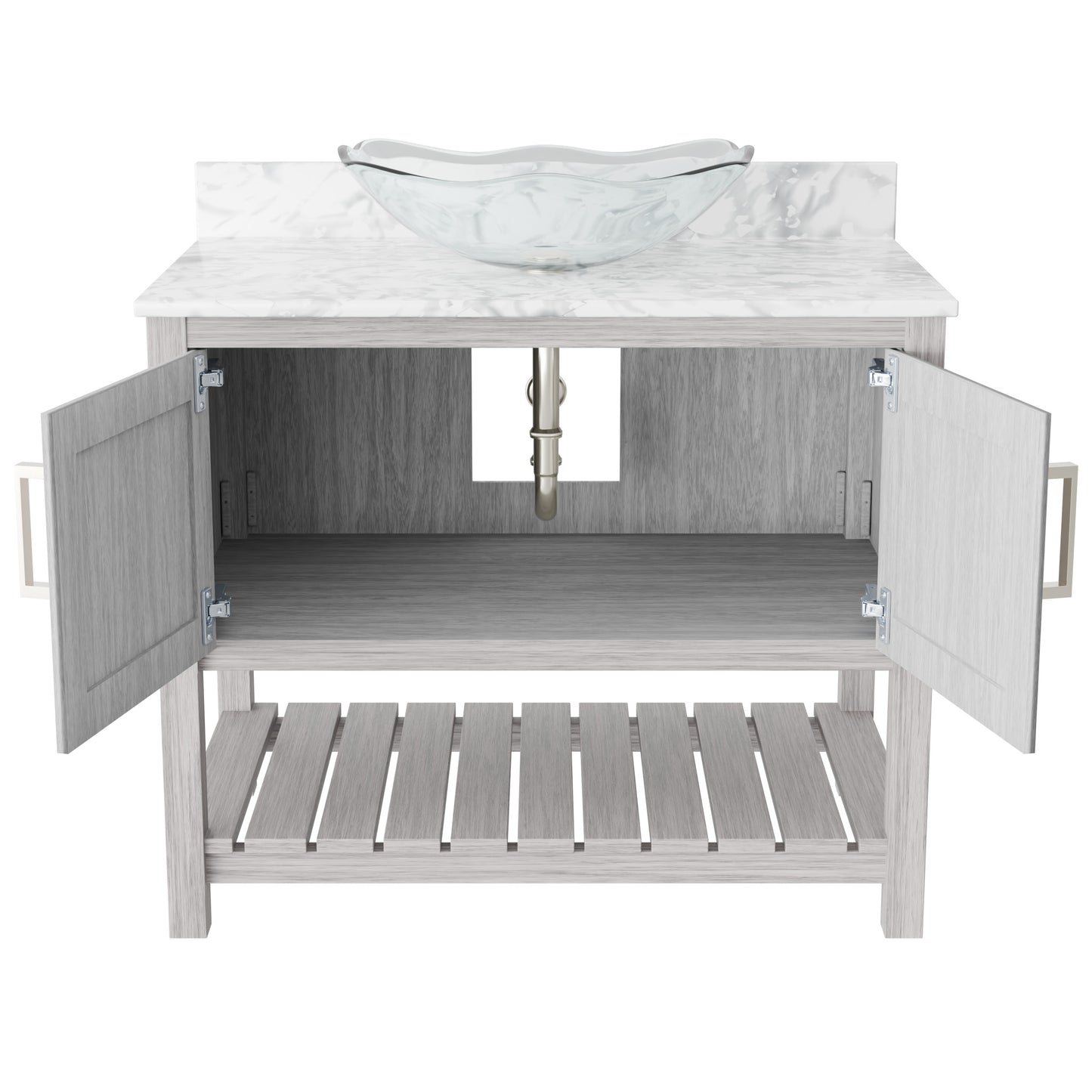 Novatto 36-inch bathroom vanity with Carrara white marble counter and integrated sink, showcasing elegant bathroom accessory design.