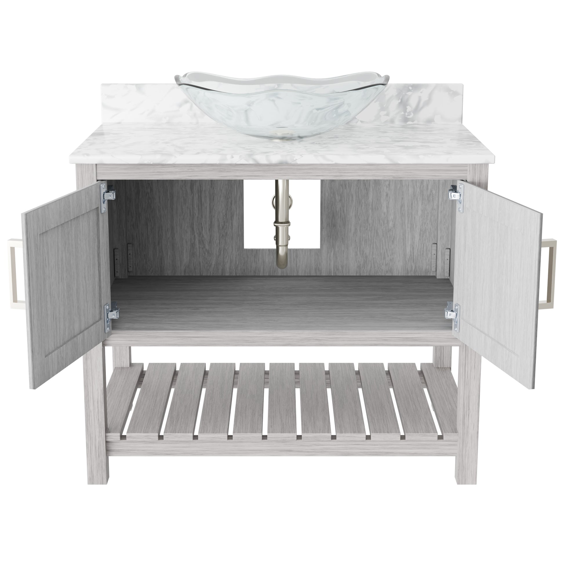 Novatto 36-inch bathroom vanity with Carrara white marble counter and integrated sink, showcasing elegant bathroom accessory design.