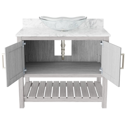 Novatto 36-inch bathroom vanity with Carrara white marble counter and integrated sink, showcasing elegant bathroom accessory design.