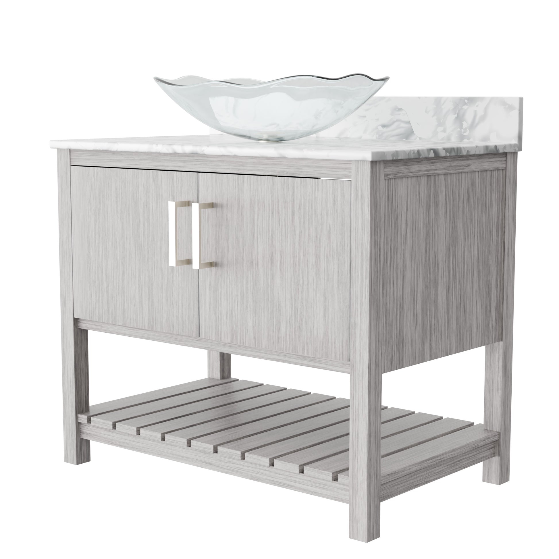 36-inch Novatto bathroom vanity with Carrara white marble counter and sink, featuring modern cabinetry and elegant design.