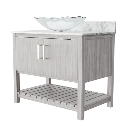 36-inch Novatto bathroom vanity with Carrara white marble counter and sink, featuring modern cabinetry and elegant design.