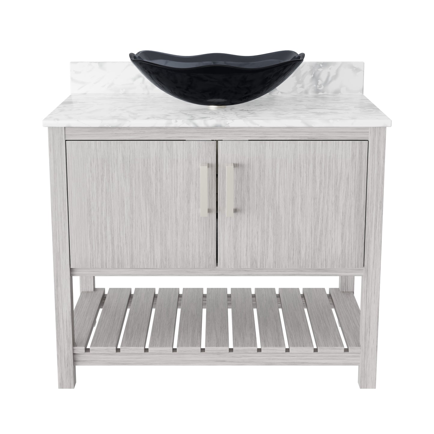 Novatto 36-inch bath vanity with Carrara white marble counter and integrated sink, showcasing sleek bathroom accessory design.