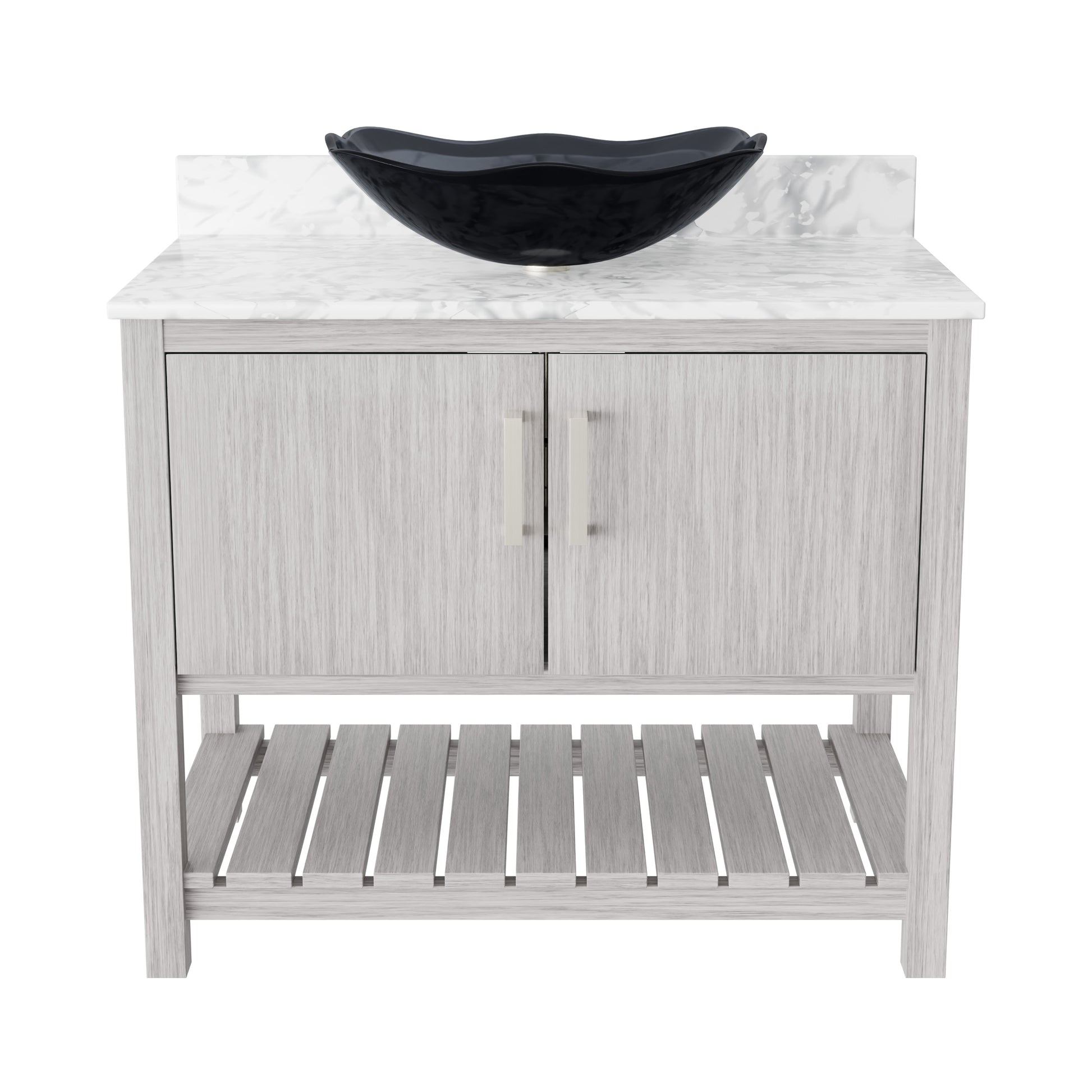 Novatto 36-inch bath vanity with Carrara white marble counter and integrated sink, showcasing sleek bathroom accessory design.