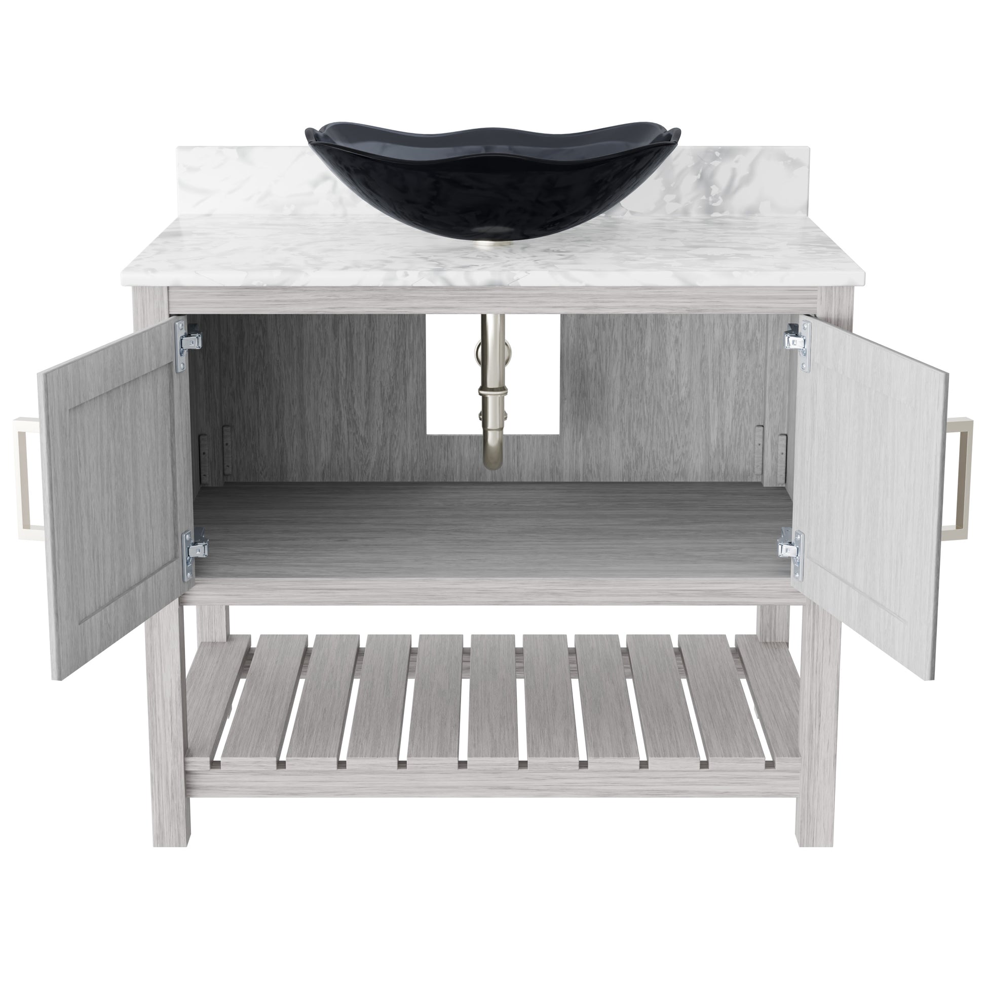 36-inch Novatto bath vanity with Carrara white marble counter and sink, featuring a sleek modern design.