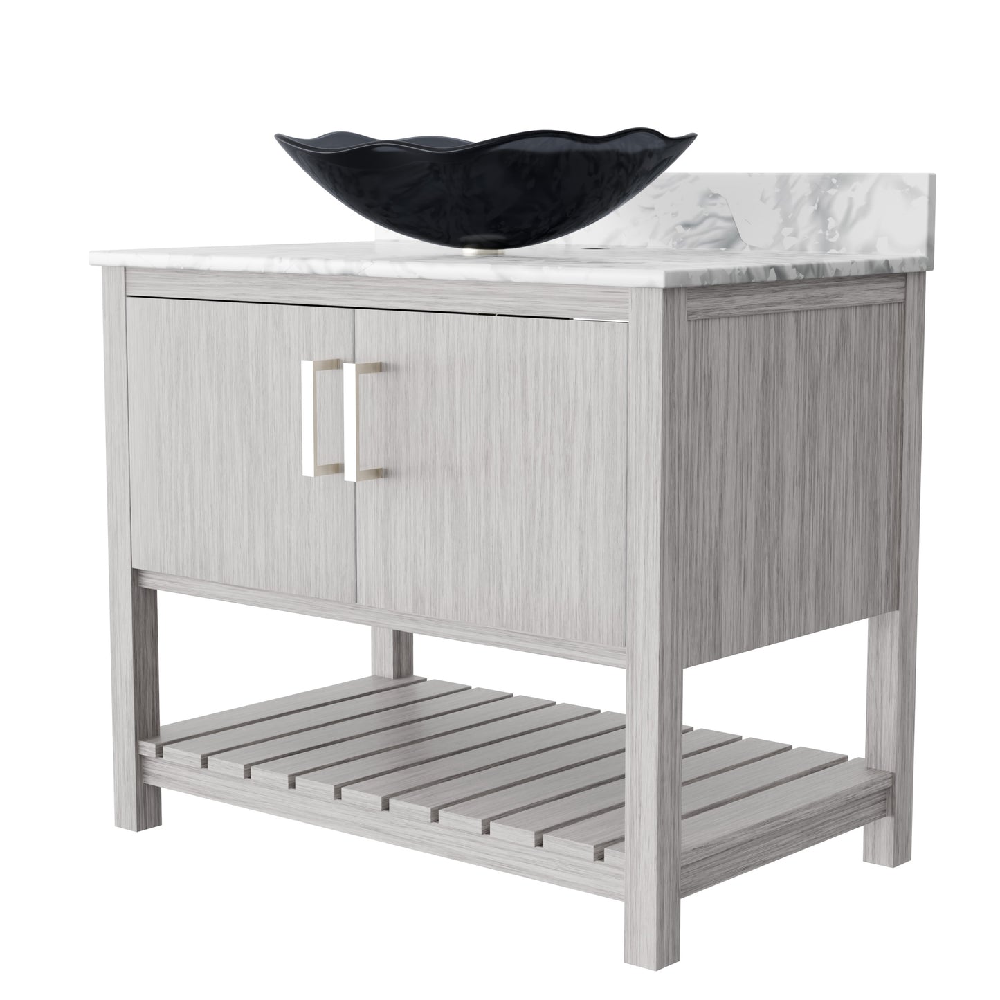 Novatto 36-inch bath vanity with Carrara white marble countertop and integrated sink, shown from a front view.