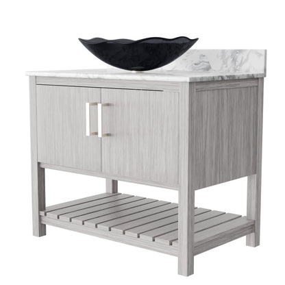 Novatto 36-inch bath vanity with Carrara white marble countertop and integrated sink, shown from a front view.