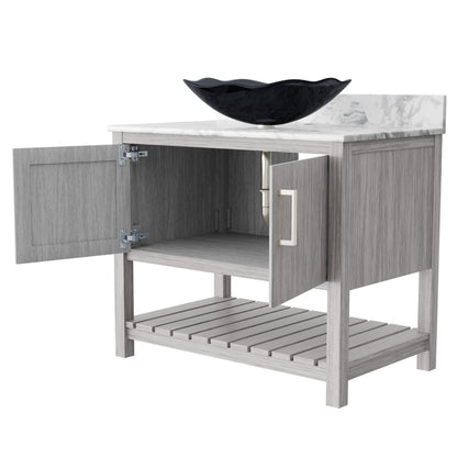 36-inch Novatto bath vanity with Carrara white marble counter and sink, showcasing elegant bathroom accessory design.