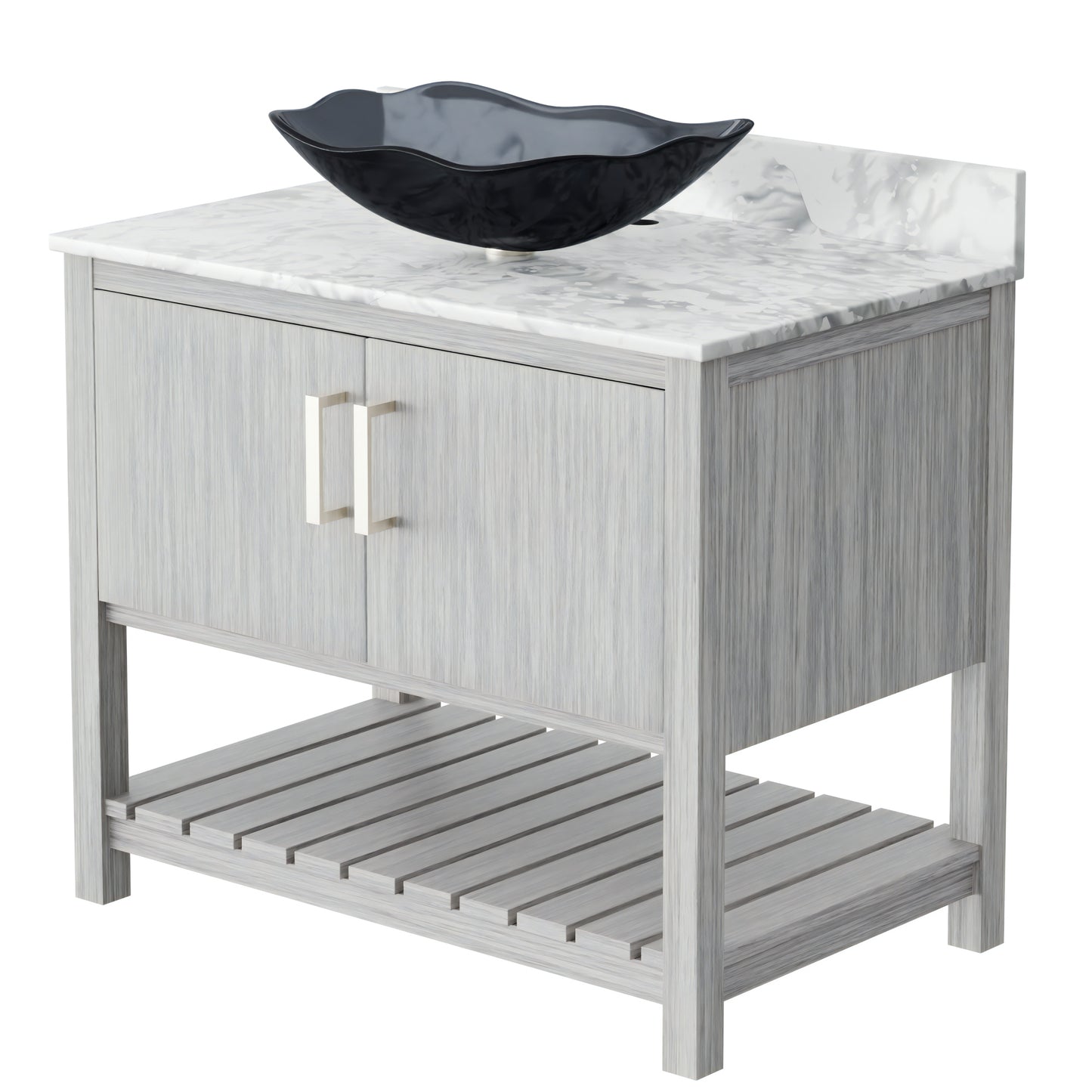 Novatto 36-inch bath vanity with Carrara White marble counter and sink, showcasing elegant bathroom accessory design.