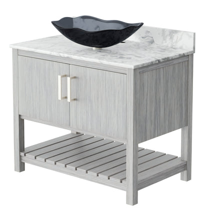 Novatto 36-inch bath vanity with Carrara White marble counter and sink, showcasing elegant bathroom accessory design.